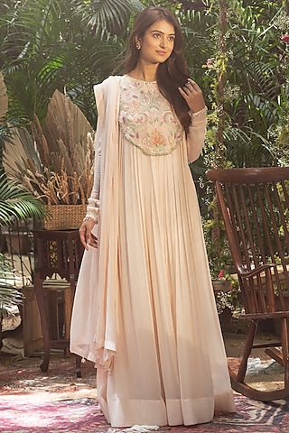 Pastel Pink Viscose Georgette Hand Embroidered Anarkali Set by Samatvam By Anjali Bhaskar