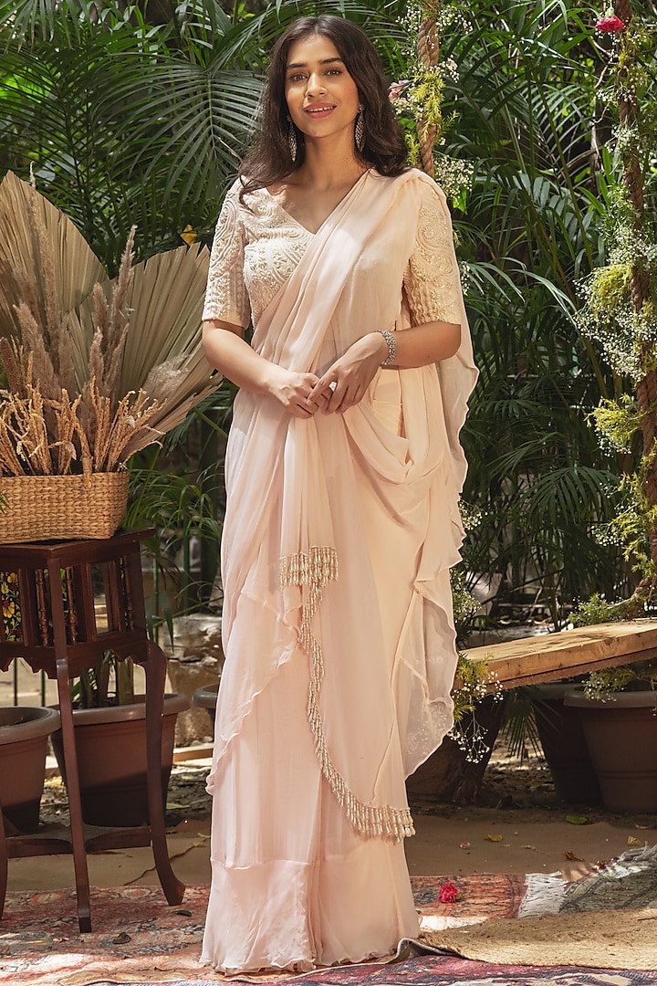 Pastel Pink Viscose Georgette Pre-Draped Saree Set by Samatvam By Anjali Bhaskar