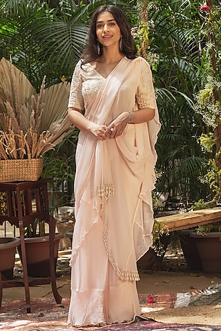 Pastel Pink Viscose Georgette Pre-Draped Saree Set by Samatvam By Anjali Bhaskar