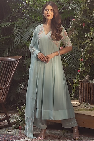 Powder Blue Viscose Georgette Hand Embroidered Anarkali Set by Samatvam By Anjali Bhaskar