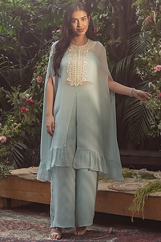 Powder Blue Viscose Georgette Hand Embroidered Frilled Kaftan Set by Samatvam By Anjali Bhaskar