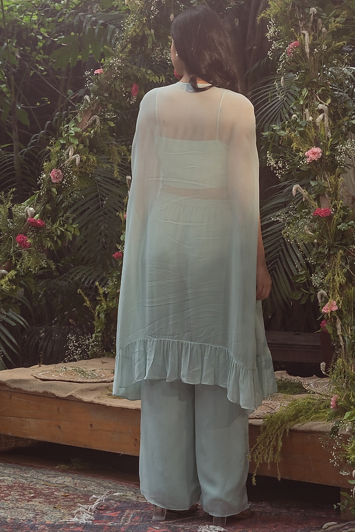 Powder Blue Viscose Georgette Hand Embroidered Frilled Kaftan Set by Samatvam By Anjali Bhaskar at Pernia's Pop Up Shop