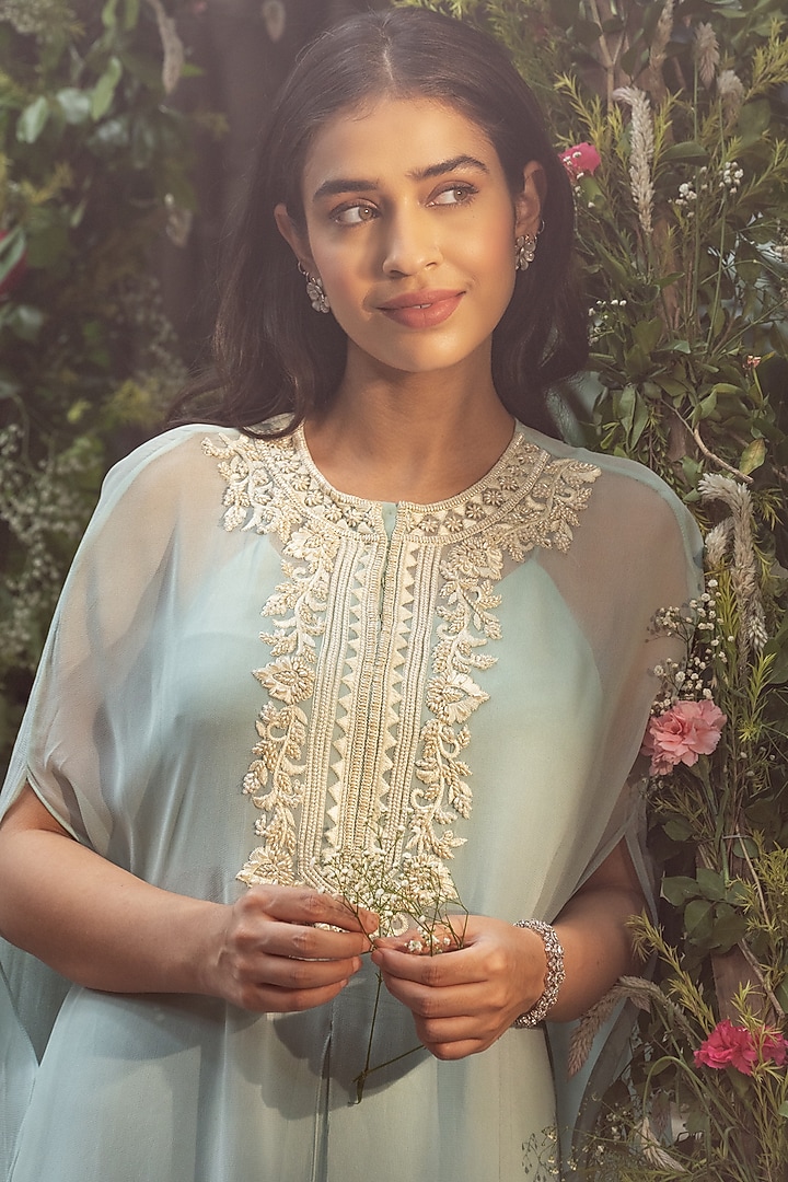 Powder Blue Viscose Georgette Hand Embroidered Frilled Kaftan Set by Samatvam By Anjali Bhaskar at Pernia's Pop Up Shop
