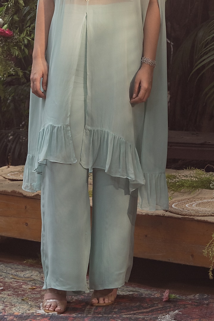Powder Blue Viscose Georgette Hand Embroidered Frilled Kaftan Set by Samatvam By Anjali Bhaskar at Pernia's Pop Up Shop