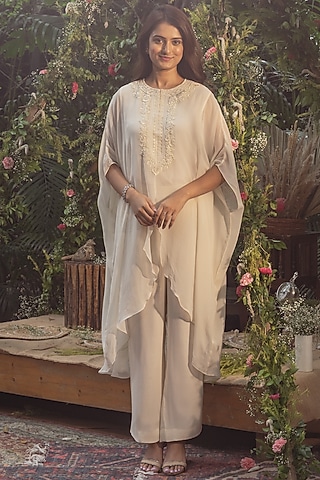 Ivory Viscose Georgette Embroidered Kaftan Set by Samatvam By Anjali Bhaskar