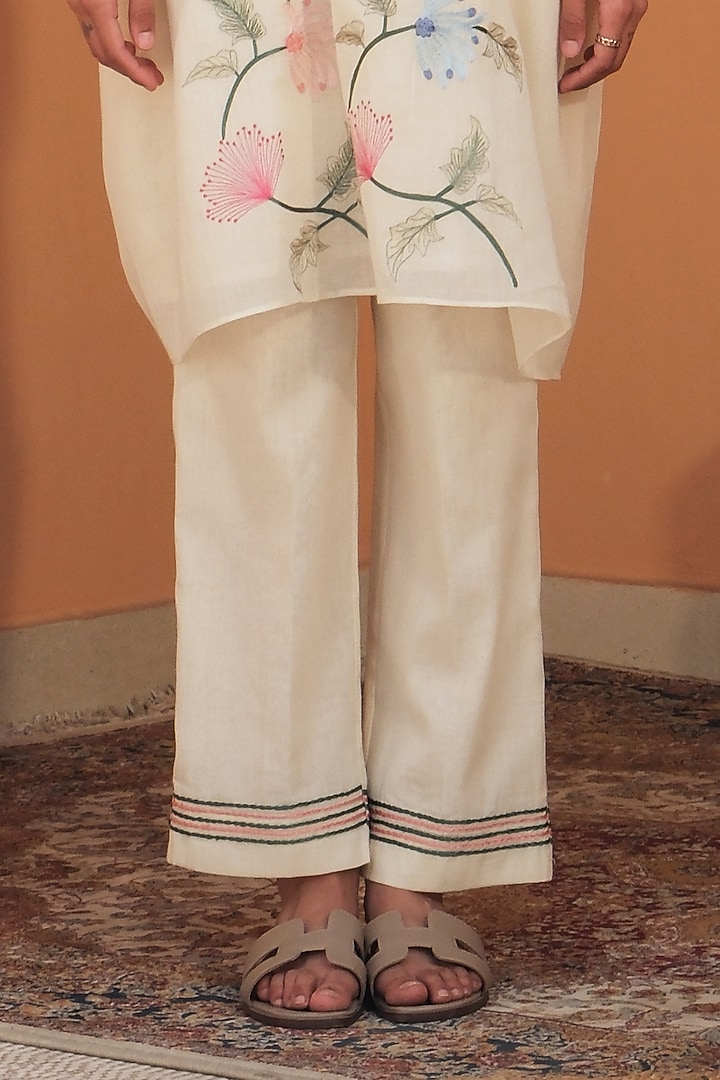 Ivory Mul Mul Floral Embroidered Kaftan Set by Samatvam By Anjali Bhaskar at Pernia's Pop Up Shop