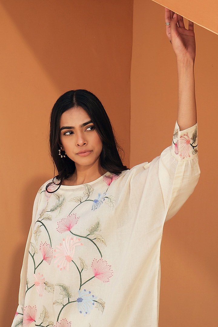Ivory Mul Mul Floral Embroidered Kaftan Set by Samatvam By Anjali Bhaskar at Pernia's Pop Up Shop