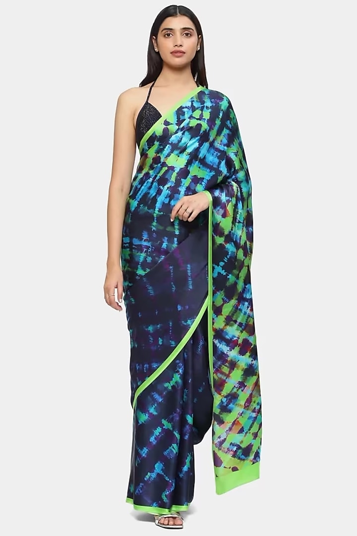 Royal Blue & Green Satin Georgette Party Wear Saree by Satya Paul at Pernia's Pop Up Shop