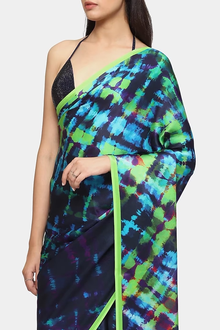 Royal Blue & Green Satin Georgette Party Wear Saree by Satya Paul at Pernia's Pop Up Shop