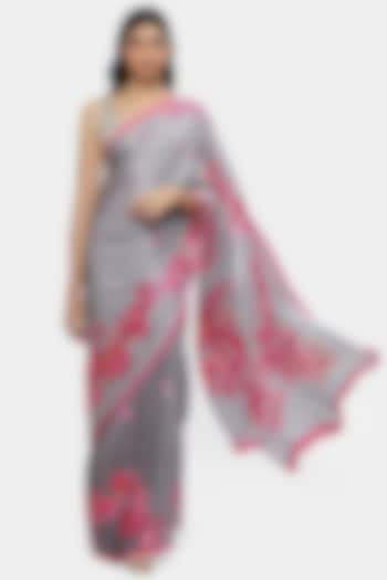 Grey Satin & Georgette Floral Printed Party Wear Saree by Satya Paul at Pernia's Pop Up Shop