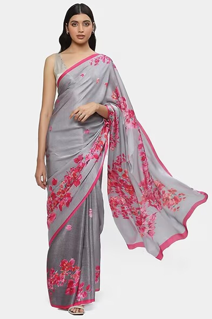Grey Satin & Georgette Floral Printed Party Wear Saree by Satya Paul at Pernia's Pop Up Shop