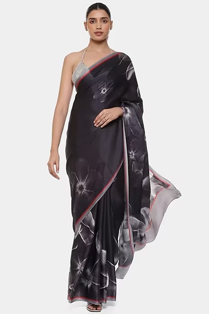 Black & White Georgette Satin Printed Wedding Saree by Satya Paul at Pernia's Pop Up Shop