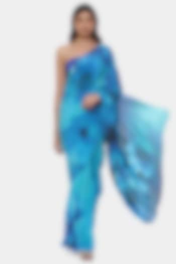 Aqua Blue Crepe Printed & Embellished Wedding Saree by Satya Paul at Pernia's Pop Up Shop