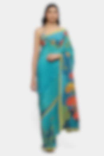 Blue Silk & Crepe Sequins Embellished Wedding Saree by Satya Paul at Pernia's Pop Up Shop