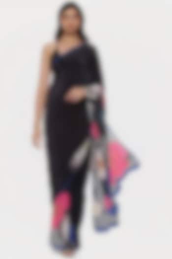 Black Crepe Floral Printed & Embellished Wedding Saree by Satya Paul at Pernia's Pop Up Shop