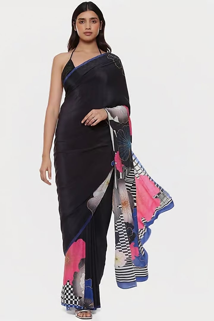 Black Crepe Floral Printed & Embellished Wedding Saree by Satya Paul at Pernia's Pop Up Shop