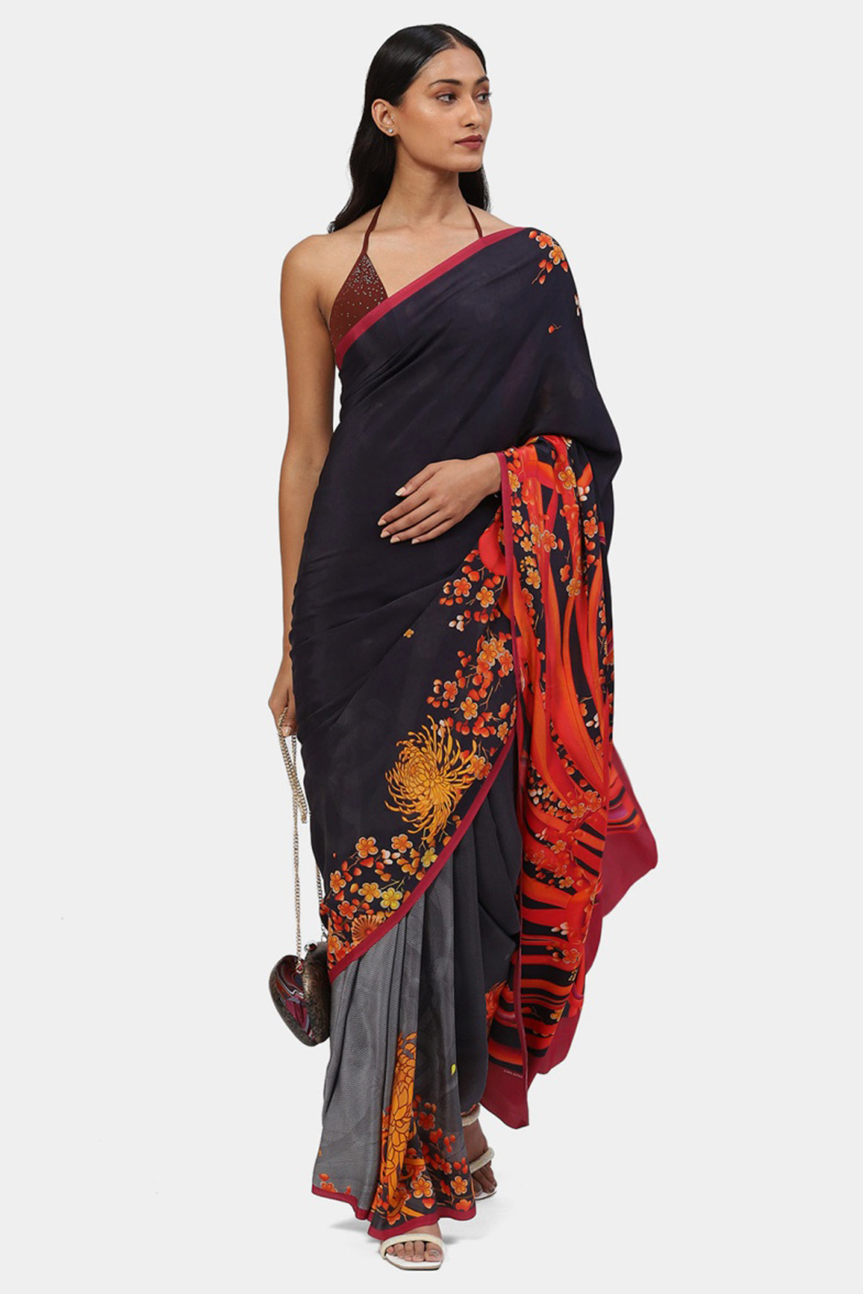 Black Crepe Abstract Floral Printed Party Wear Saree by Satya Paul at Pernia's Pop Up Shop