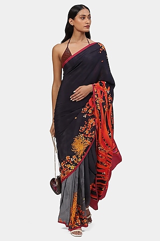 Black Crepe Abstract Floral Printed Saree by Satya Paul