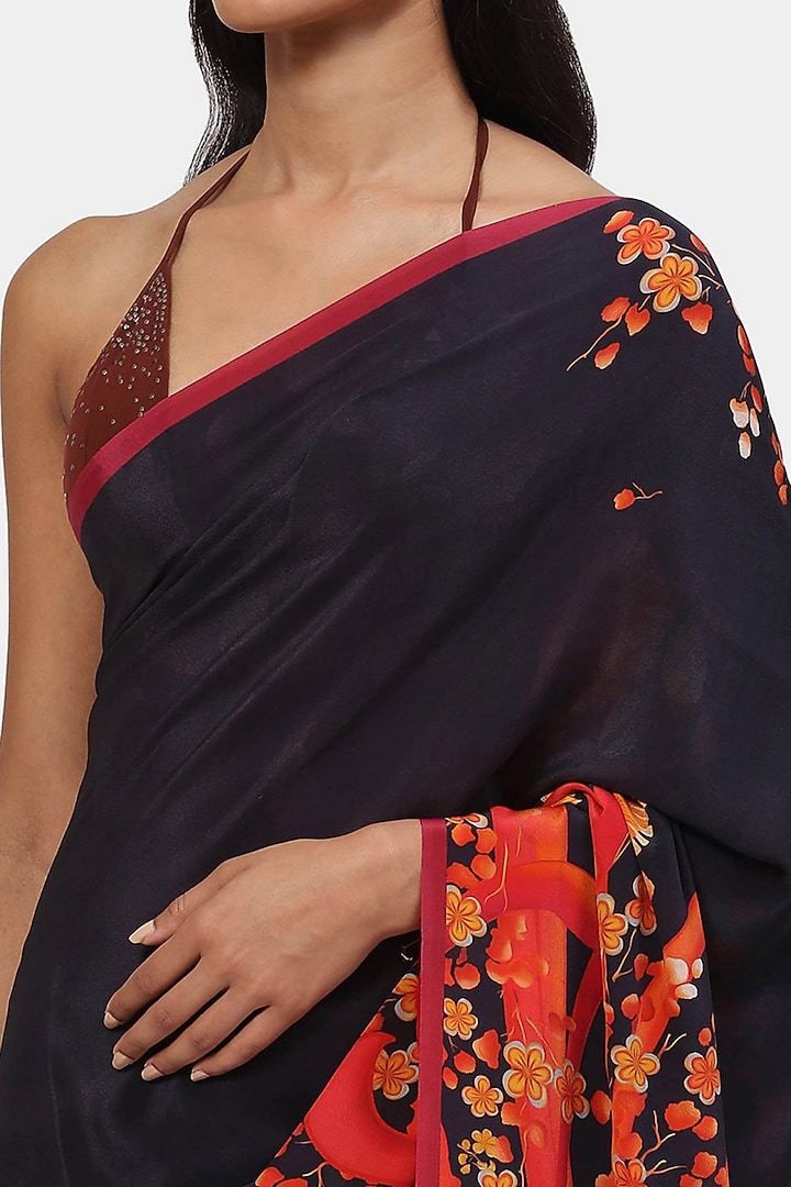 Black Crepe Abstract Floral Printed Party Wear Saree by Satya Paul at Pernia's Pop Up Shop