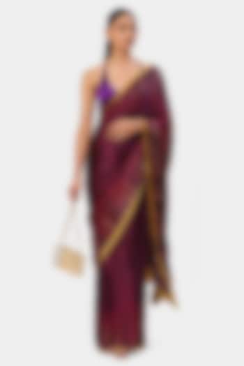 Maroon Satin & Georgette Crystal Embroidered Wedding Saree by Satya Paul at Pernia's Pop Up Shop