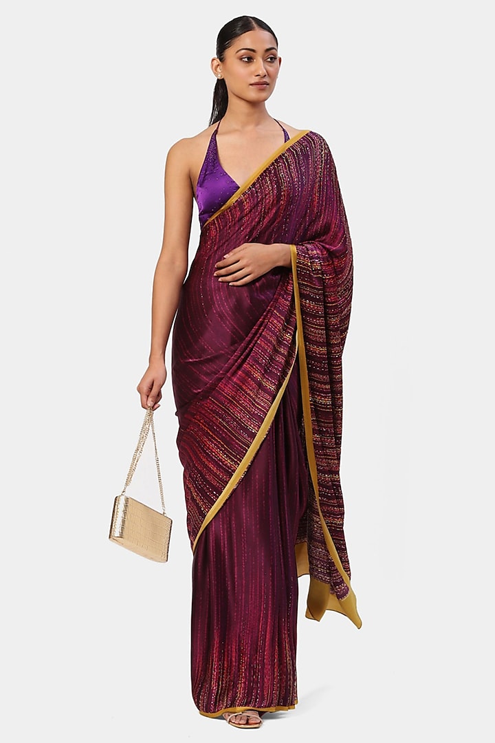 Maroon Satin & Georgette Crystal Embroidered Wedding Saree by Satya Paul at Pernia's Pop Up Shop