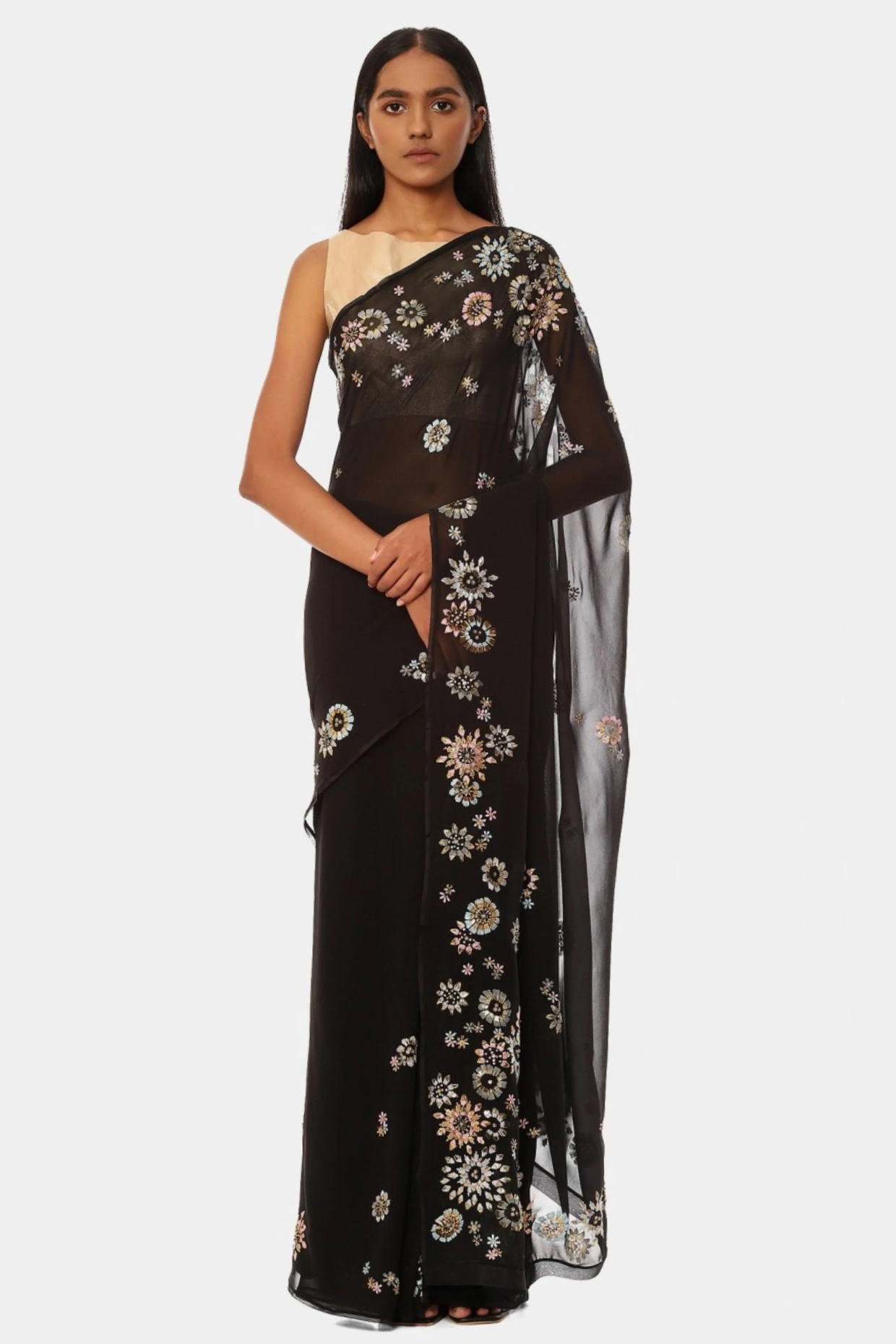Black Georgette Embroidered Wedding Saree by Satya Paul at Pernia's Pop Up Shop