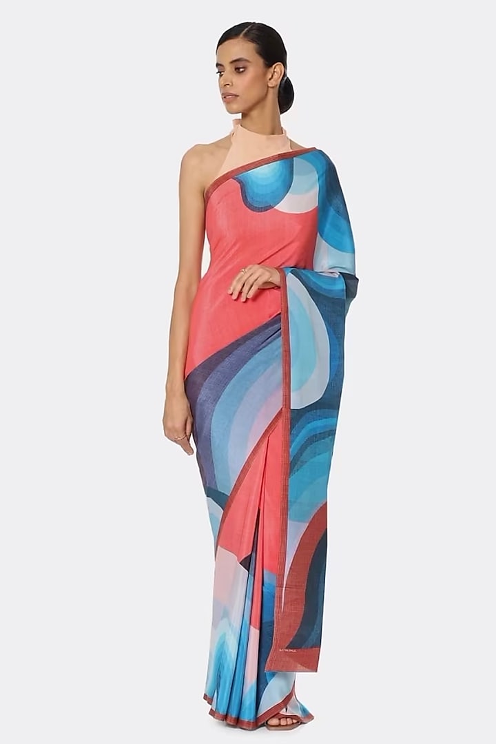 Pink & Blue Silk Crepe Party Wear Saree by Satya Paul at Pernia's Pop Up Shop