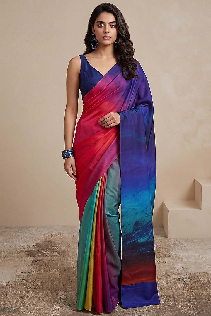 Ink Blue Silk Crepe Party Wear Saree by Satya Paul at Pernia's Pop Up Shop