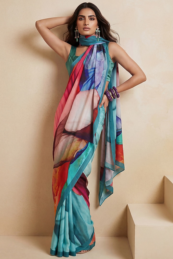 Powder Blue Silk Crepe Party Wear Saree by Satya Paul at Pernia's Pop Up Shop