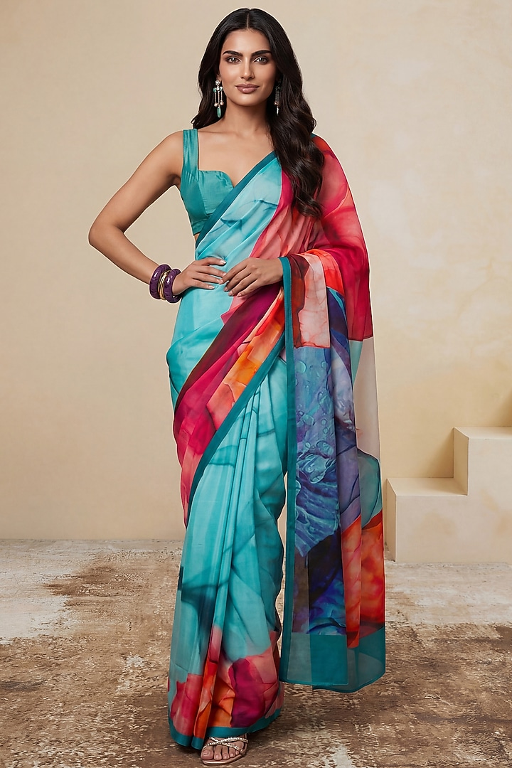 Powder Blue Silk Crepe Party Wear Saree by Satya Paul at Pernia's Pop Up Shop