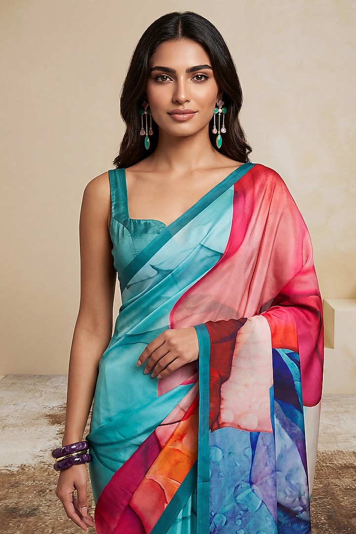 Powder Blue Silk Crepe Party Wear Saree by Satya Paul at Pernia's Pop Up Shop