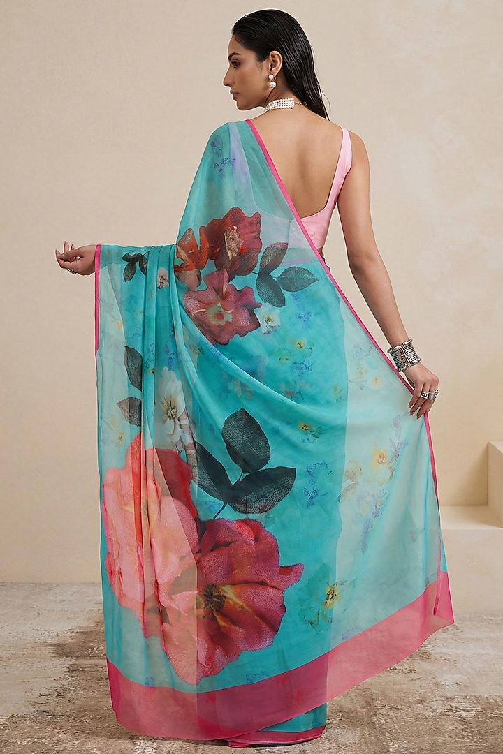 Aqua Green Silk Chiffon Party Wear Saree by Satya Paul at Pernia's Pop Up Shop