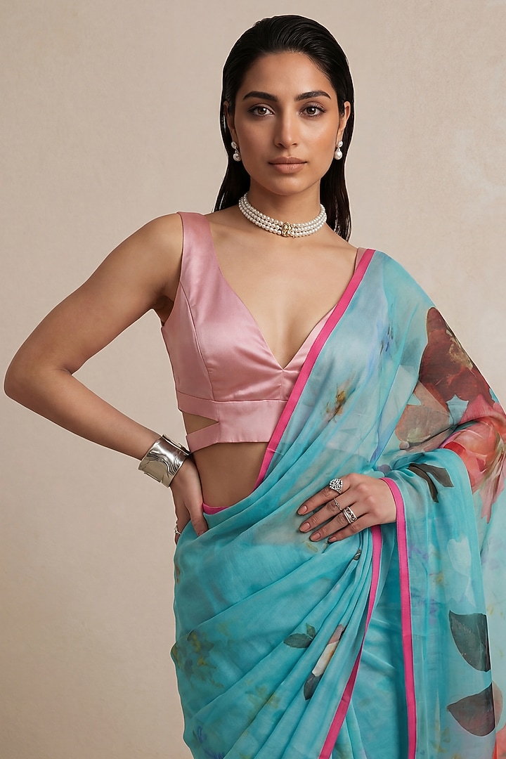 Aqua Green Silk Chiffon Party Wear Saree by Satya Paul at Pernia's Pop Up Shop