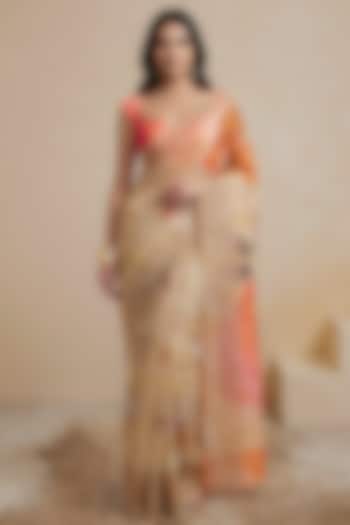 Cream Silk Chiffon & Linen Party Wear Saree by Satya Paul at Pernia's Pop Up Shop
