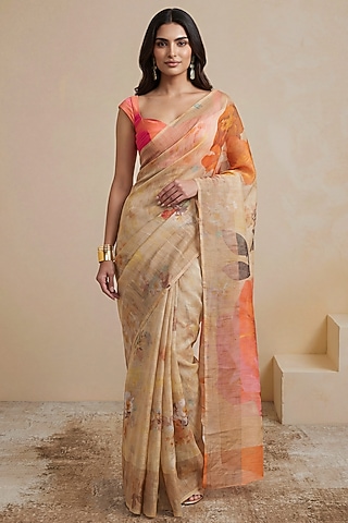Cream Silk Chiffon & Linen Saree by Satya Paul
