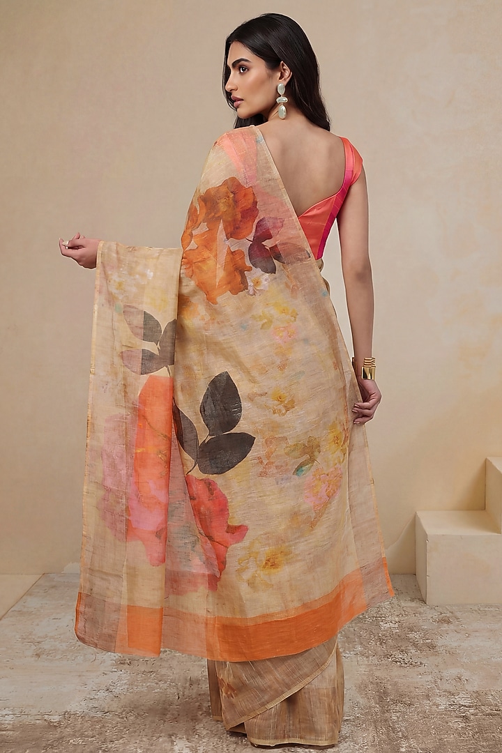 Cream Silk Chiffon & Linen Party Wear Saree by Satya Paul at Pernia's Pop Up Shop
