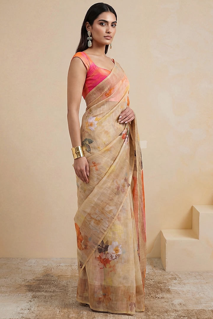 Cream Silk Chiffon & Linen Party Wear Saree by Satya Paul at Pernia's Pop Up Shop