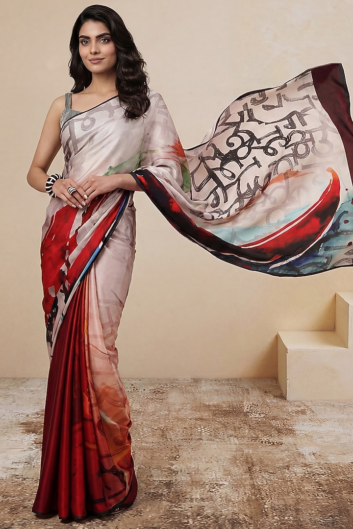 White Georgette Satin Party Wear Saree by Satya Paul at Pernia's Pop Up Shop