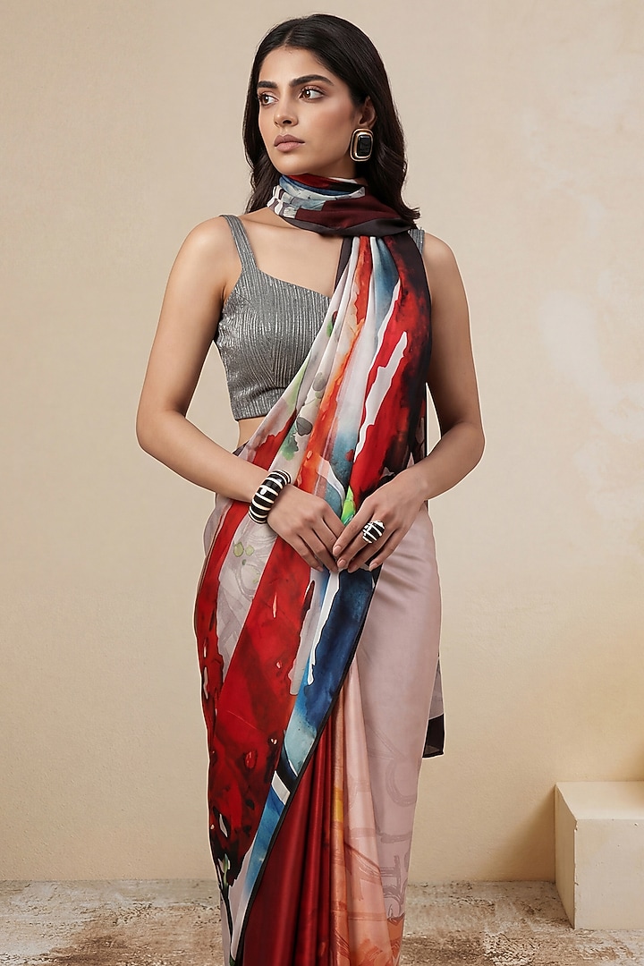 White Georgette Satin Party Wear Saree by Satya Paul at Pernia's Pop Up Shop