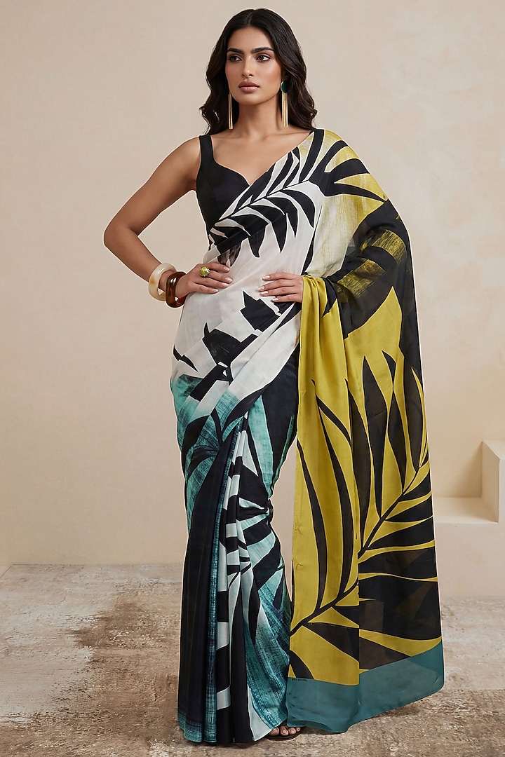 Light Olive Green Silk Crepe Party Wear Saree by Satya Paul at Pernia's Pop Up Shop