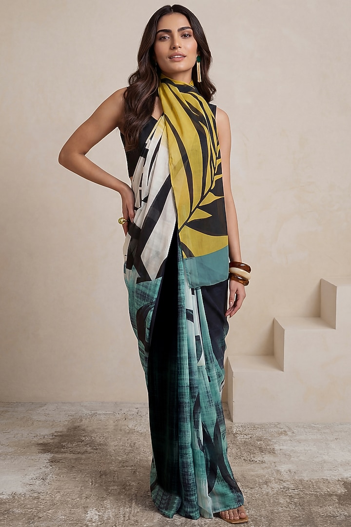Light Olive Green Silk Crepe Party Wear Saree by Satya Paul at Pernia's Pop Up Shop