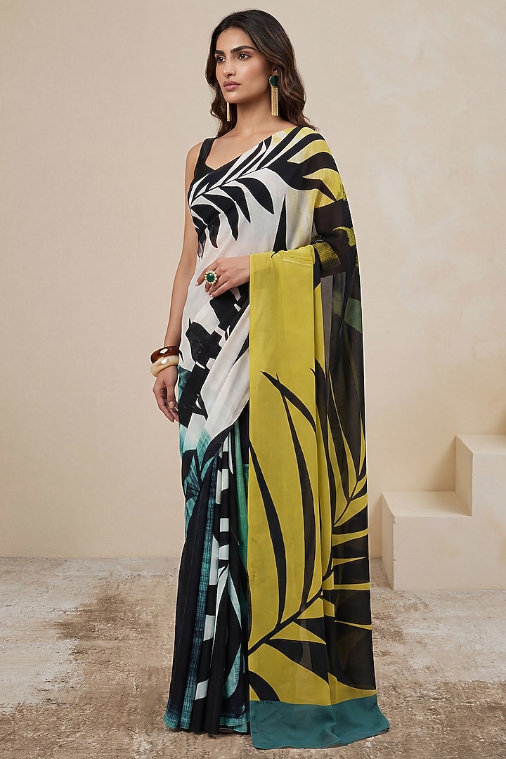 Light Olive Green Silk Crepe Party Wear Saree by Satya Paul at Pernia's Pop Up Shop