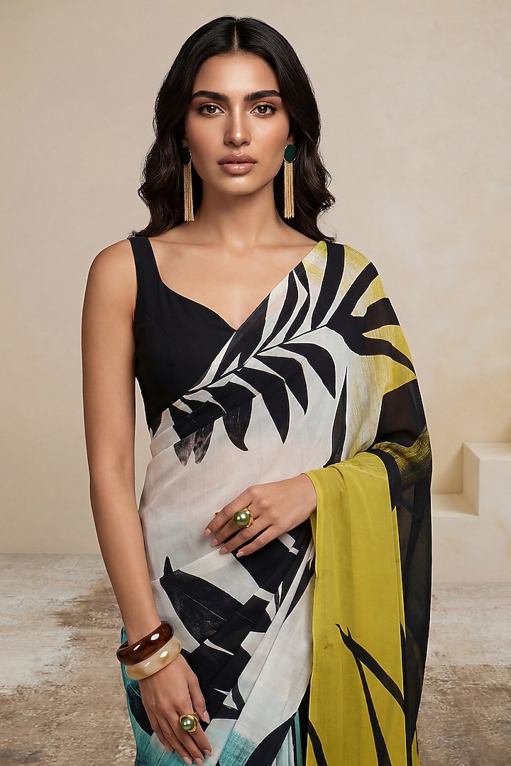 Light Olive Green Silk Crepe Party Wear Saree by Satya Paul at Pernia's Pop Up Shop