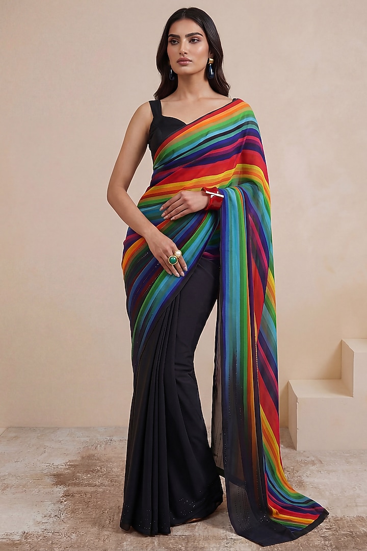 Black Silk Crepe Party Wear Saree by Satya Paul at Pernia's Pop Up Shop