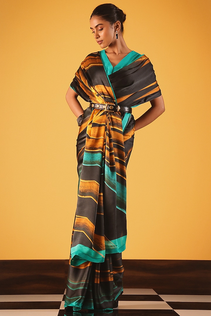 Black Georgette Satin Party Wear Saree by Satya Paul at Pernia's Pop Up Shop