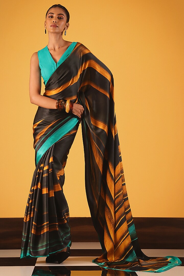 Black Georgette Satin Party Wear Saree by Satya Paul at Pernia's Pop Up Shop