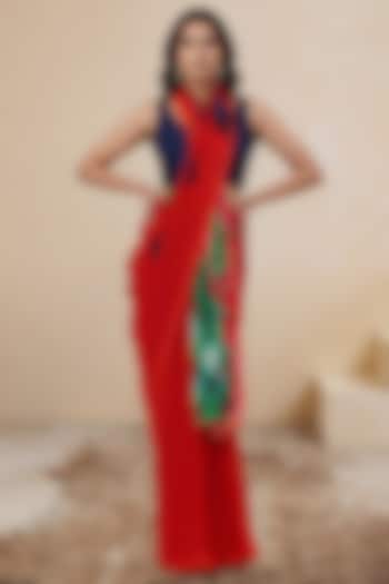 Deep Red Silk Chiffon Abstract Print Party Wear Saree  by Satya Paul at Pernia's Pop Up Shop