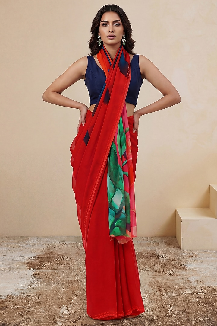 Deep Red Silk Chiffon Abstract Print Party Wear Saree  by Satya Paul at Pernia's Pop Up Shop