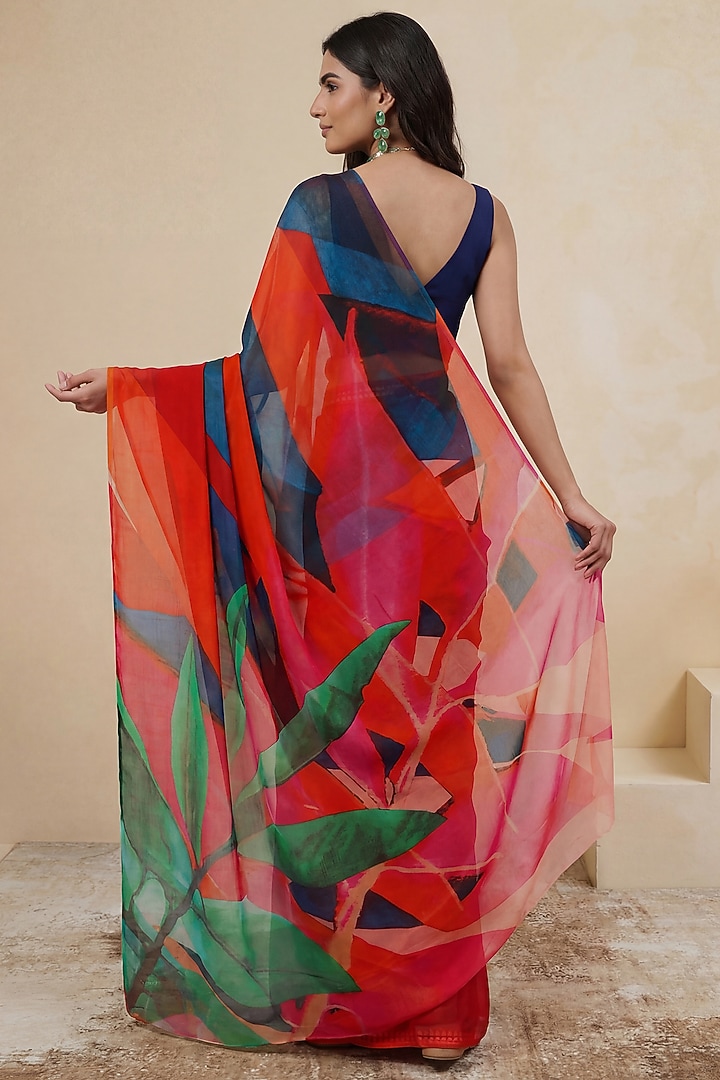 Deep Red Silk Chiffon Abstract Print Party Wear Saree by Satya Paul at Pernia's Pop Up Shop