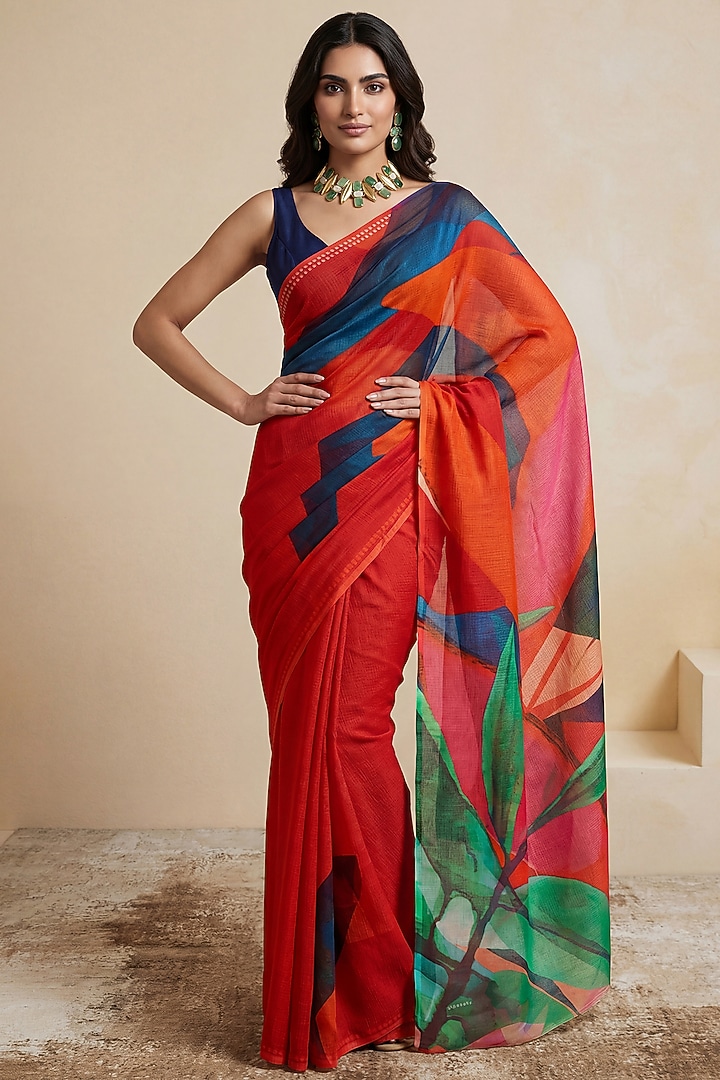Deep Red Silk Chiffon Abstract Print Party Wear Saree by Satya Paul at Pernia's Pop Up Shop